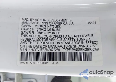 2021 Honda Accord Sport z USA, uszkodzony, nr VIN 1HGCV1F32MA072289